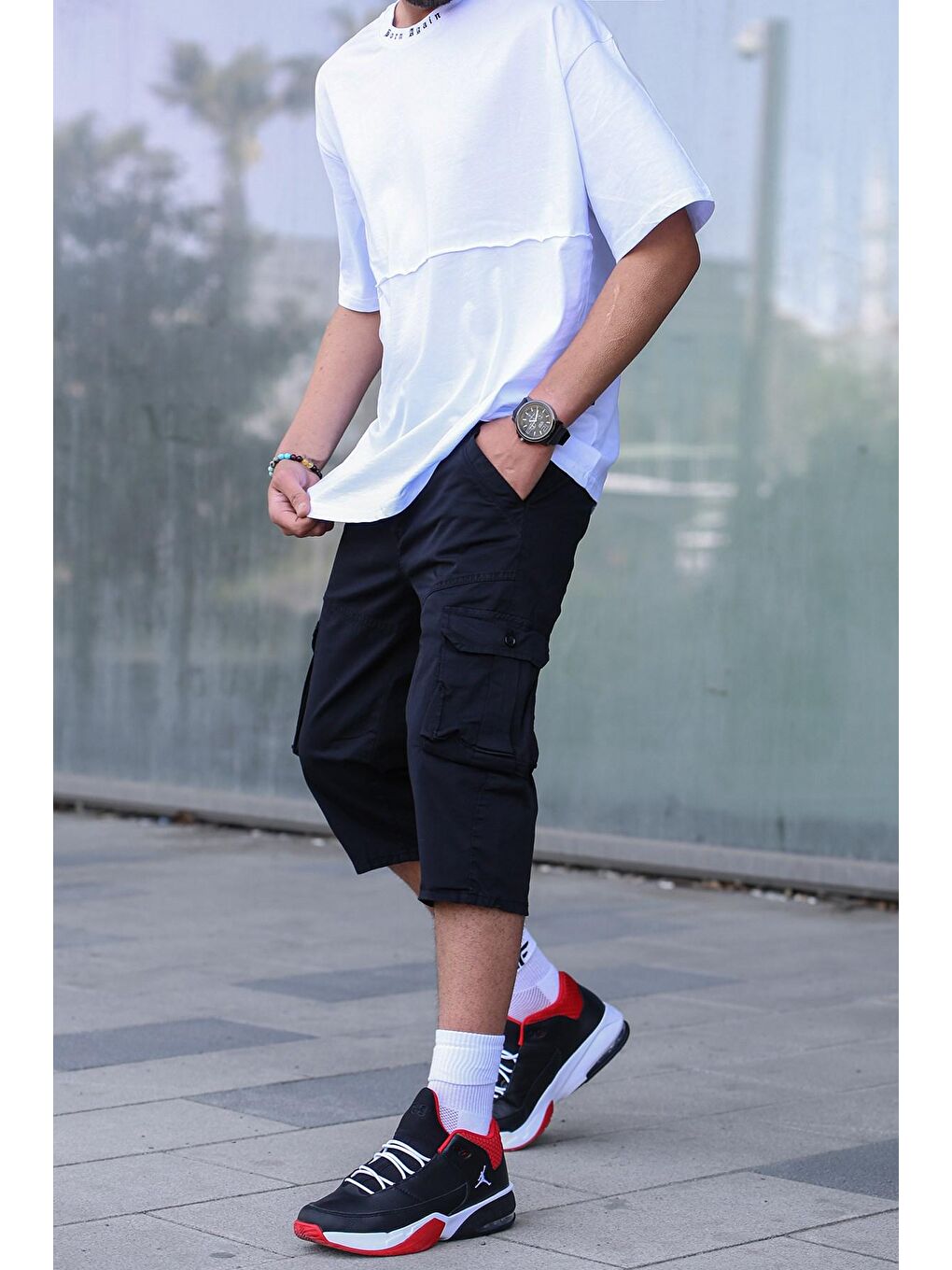 Siyah Gabardin Kargo Cep Erkek Kapri Şort 5754-7