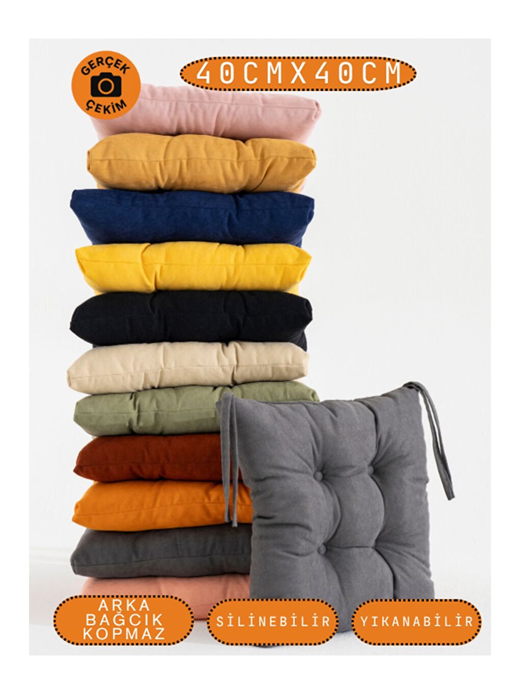 4’lü Pastello Sandalye Minderi – Gri– Bağcıklı, Slikon Dolgulu, Yıkanabilir – 40x40-6