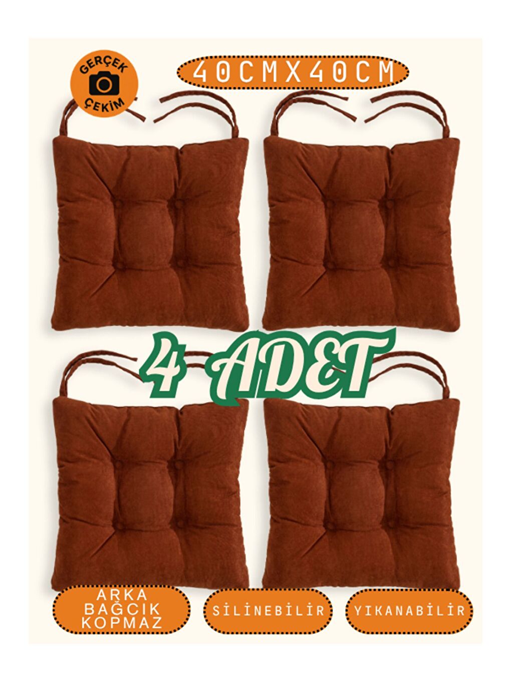 Kahverengi 4’lü Pastello Sandalye Minderi – Kiremit – Bağcıklı, Slikon Dolgulu, Yıkanabilir – 40x40