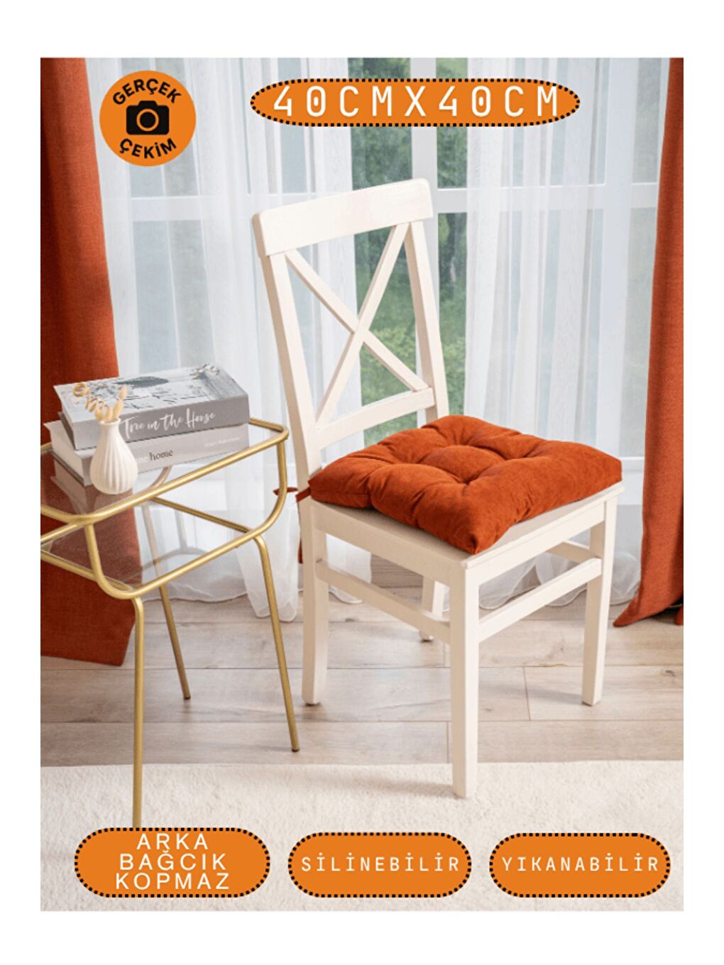 Kahverengi 4’lü Pastello Sandalye Minderi – Kiremit – Bağcıklı, Slikon Dolgulu, Yıkanabilir – 40x40-4