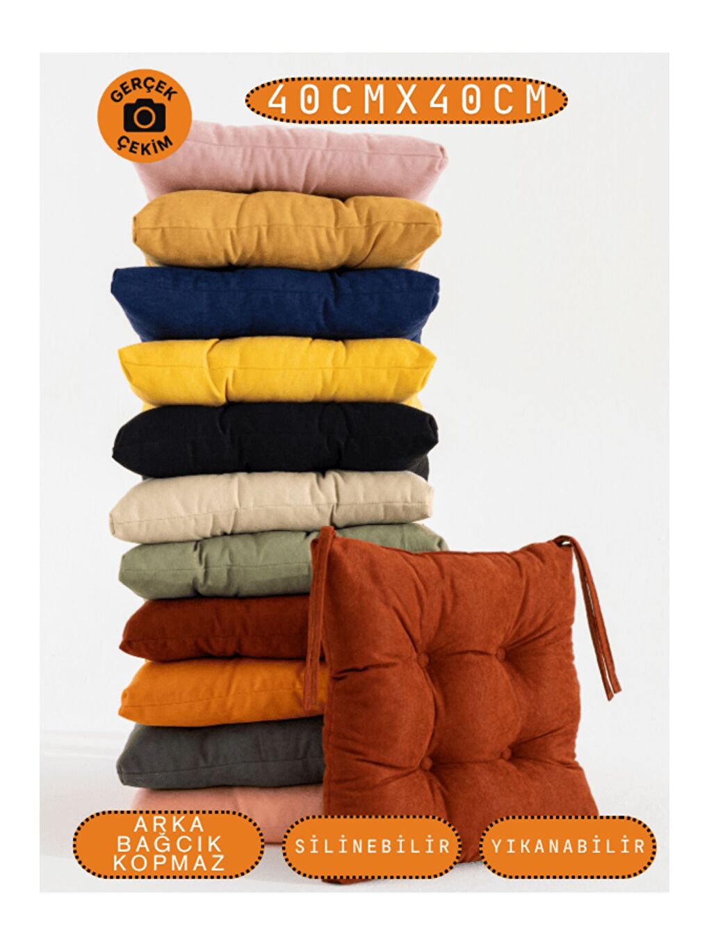 Kahverengi 4’lü Pastello Sandalye Minderi – Kiremit – Bağcıklı, Slikon Dolgulu, Yıkanabilir – 40x40-6