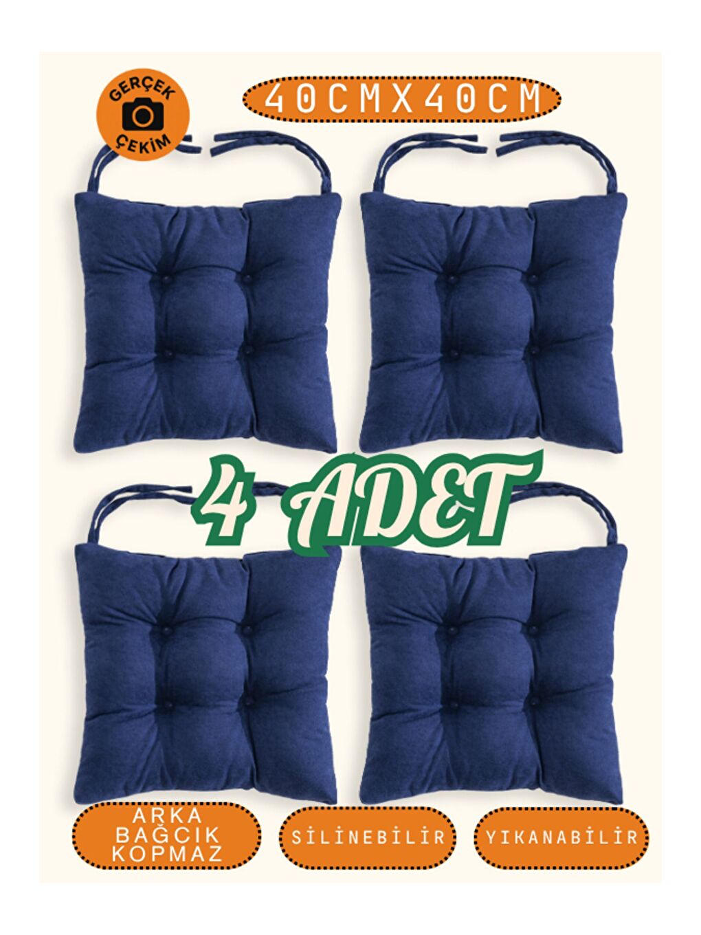 4’lü Pastello Sandalye Minderi – Gece Mavisi – Bağcıklı, Slikon Dolgulu, Yıkanabilir – 40x40