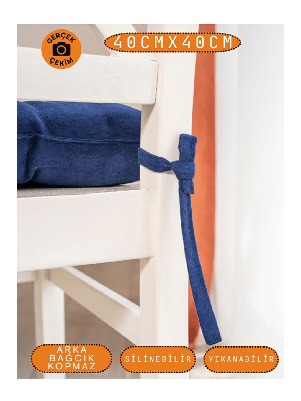 4’lü Pastello Sandalye Minderi – Gece Mavisi – Bağcıklı, Slikon Dolgulu, Yıkanabilir – 40x40-2