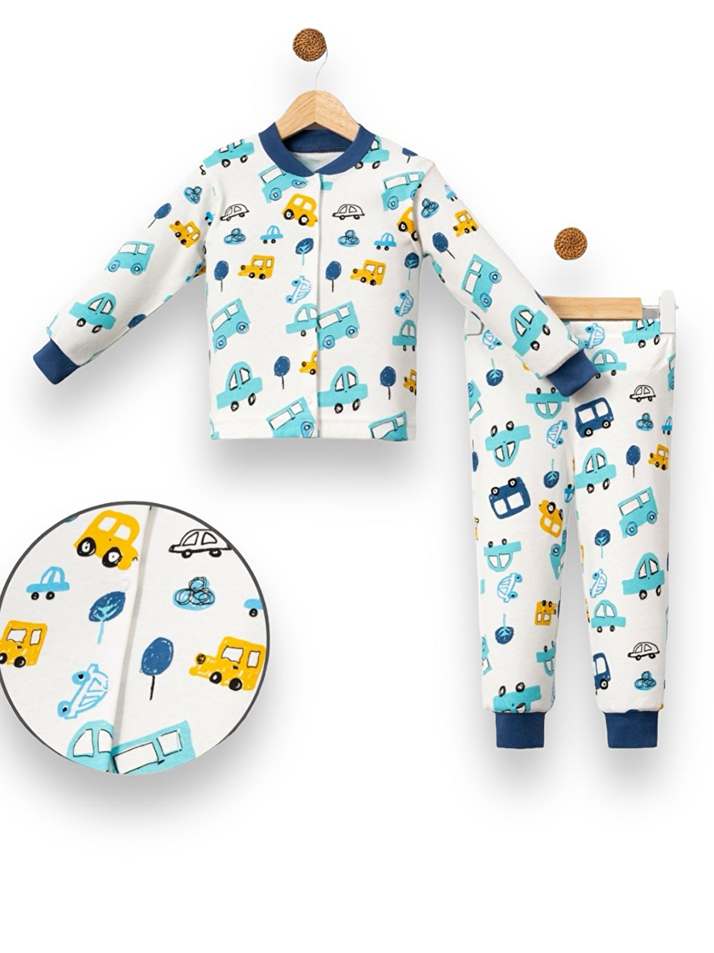 Beyaz Erkek Bebek Araba Desenli 2'li Pijama Takımı