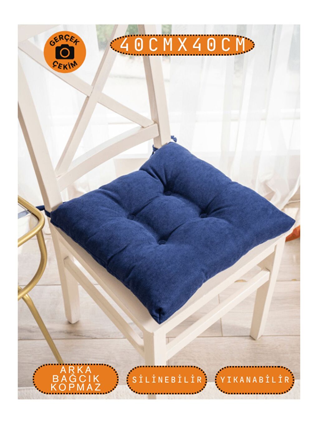 4’lü Pastello Sandalye Minderi – Gece Mavisi – Bağcıklı, Slikon Dolgulu, Yıkanabilir – 40x40-3