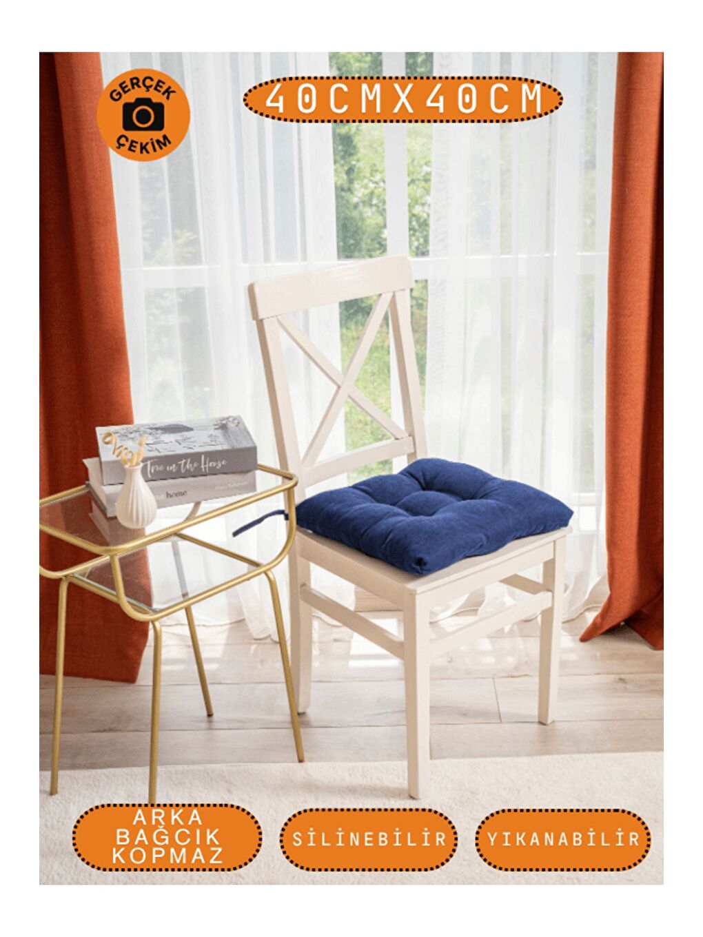 4’lü Pastello Sandalye Minderi – Gece Mavisi – Bağcıklı, Slikon Dolgulu, Yıkanabilir – 40x40-4