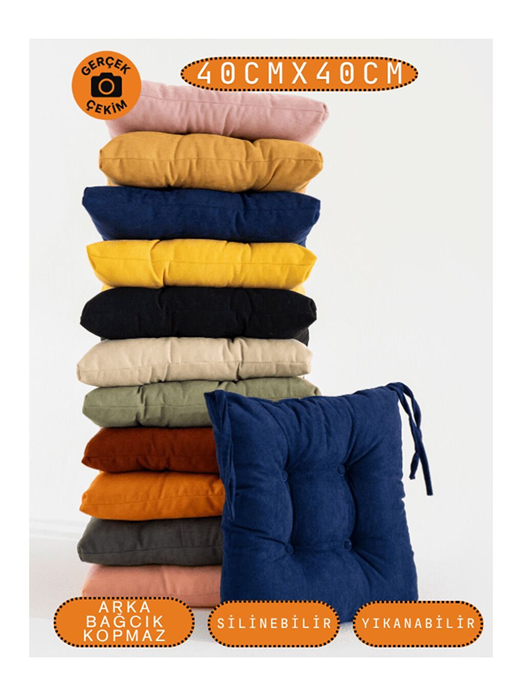 4’lü Pastello Sandalye Minderi – Gece Mavisi – Bağcıklı, Slikon Dolgulu, Yıkanabilir – 40x40-6