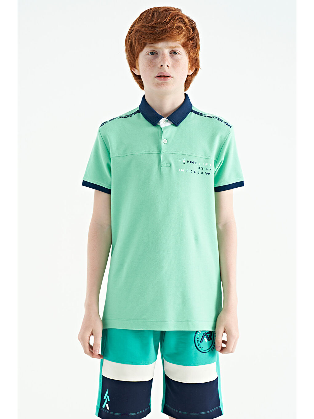 Turkuaz Su Yeşili Baskı Detaylı Standart Kalıp Polo Yaka Erkek Çocuk Tişört - 11140