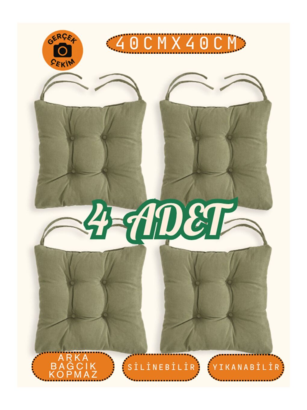 4’lü Pastello Sandalye Minderi – Haki – Bağcıklı, Slikon Dolgulu, Yıkanabilir – 40x40