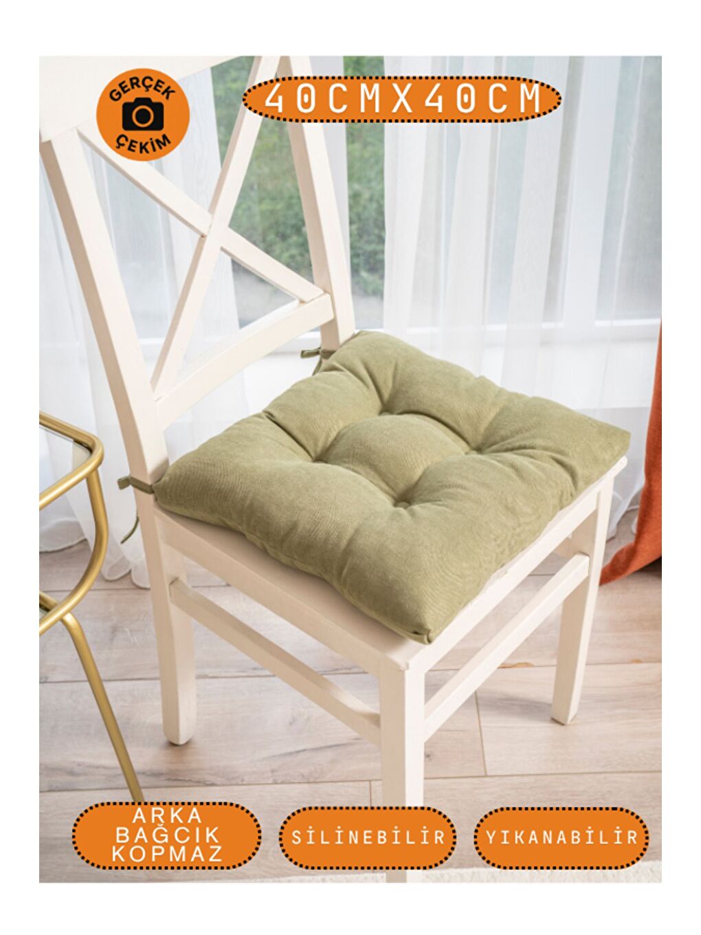 4’lü Pastello Sandalye Minderi – Haki – Bağcıklı, Slikon Dolgulu, Yıkanabilir – 40x40-1
