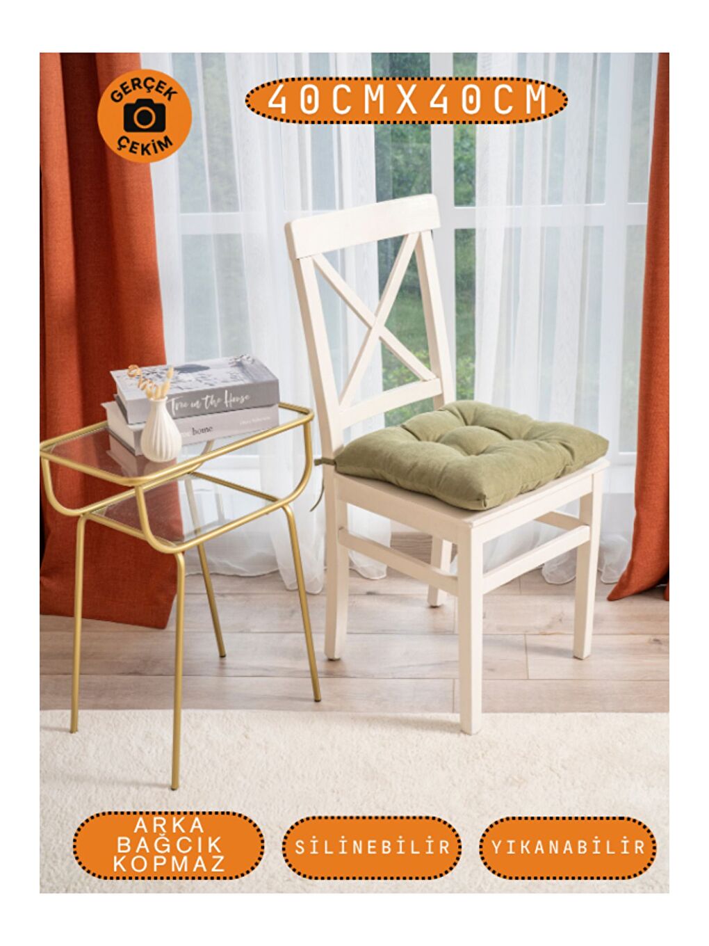 4’lü Pastello Sandalye Minderi – Haki – Bağcıklı, Slikon Dolgulu, Yıkanabilir – 40x40-2