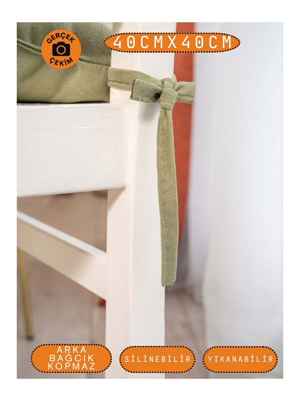 4’lü Pastello Sandalye Minderi – Haki – Bağcıklı, Slikon Dolgulu, Yıkanabilir – 40x40-3