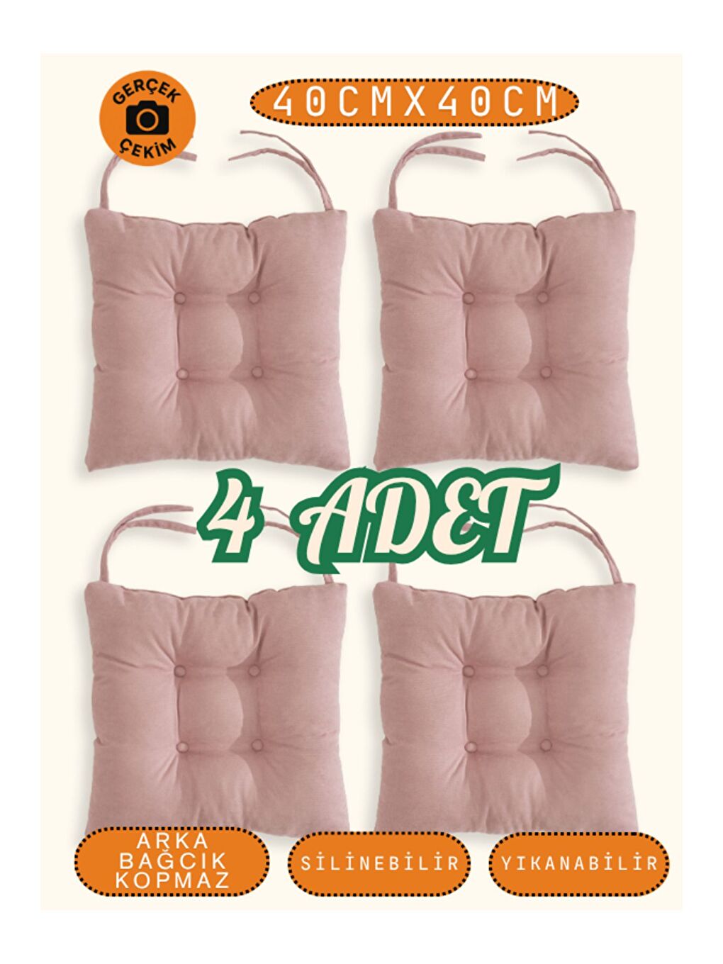 Pembe 4’lü Pastello Sandalye Minderi – Gül Kurusu – Bağcıklı, Slikon Dolgulu, Yıkanabilir – 40x40