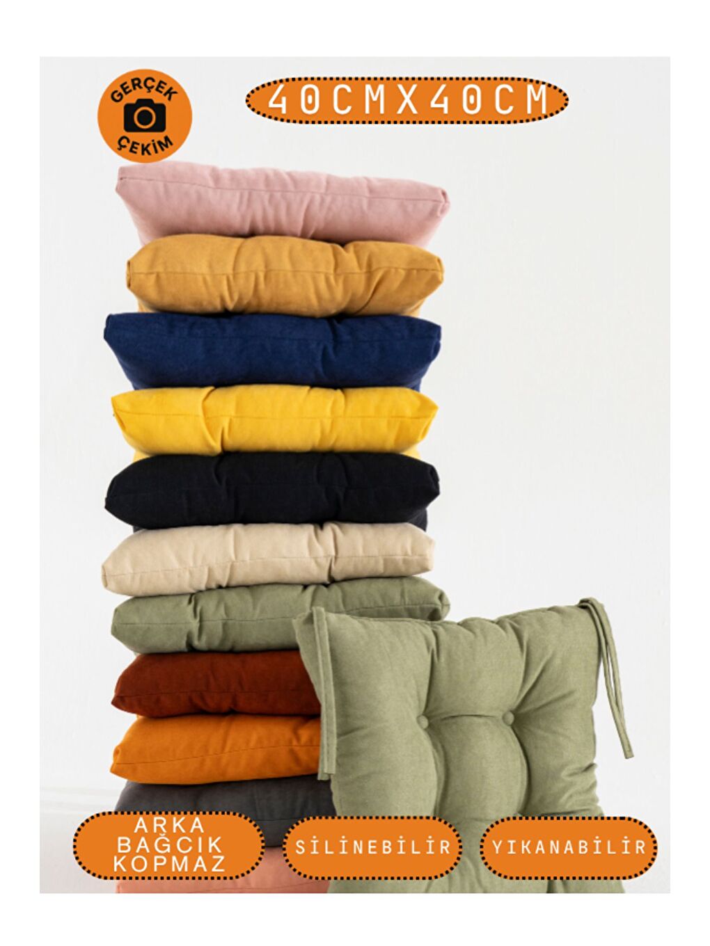 4’lü Pastello Sandalye Minderi – Haki – Bağcıklı, Slikon Dolgulu, Yıkanabilir – 40x40-5
