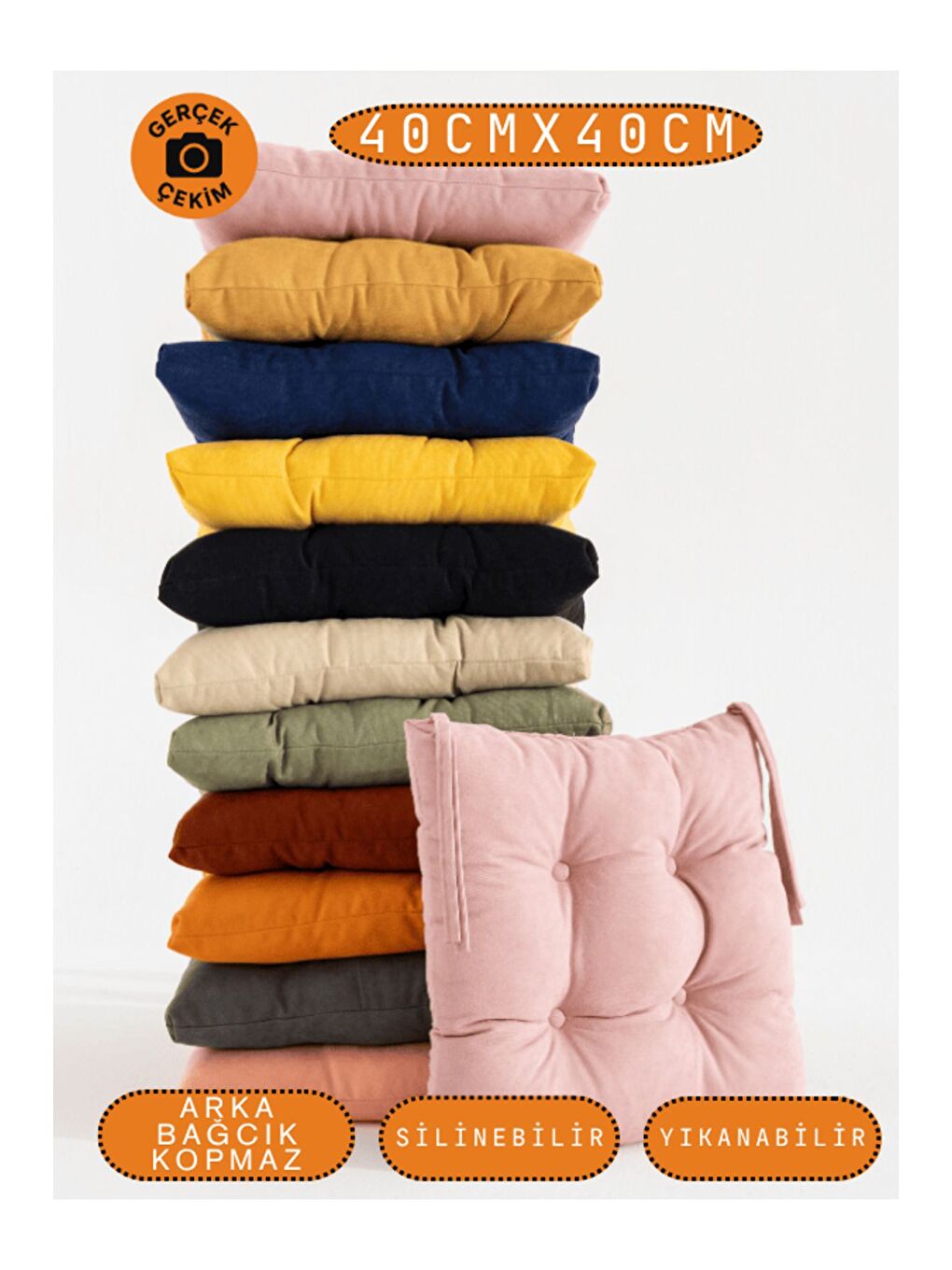 Pembe 4’lü Pastello Sandalye Minderi – Gül Kurusu – Bağcıklı, Slikon Dolgulu, Yıkanabilir – 40x40-6