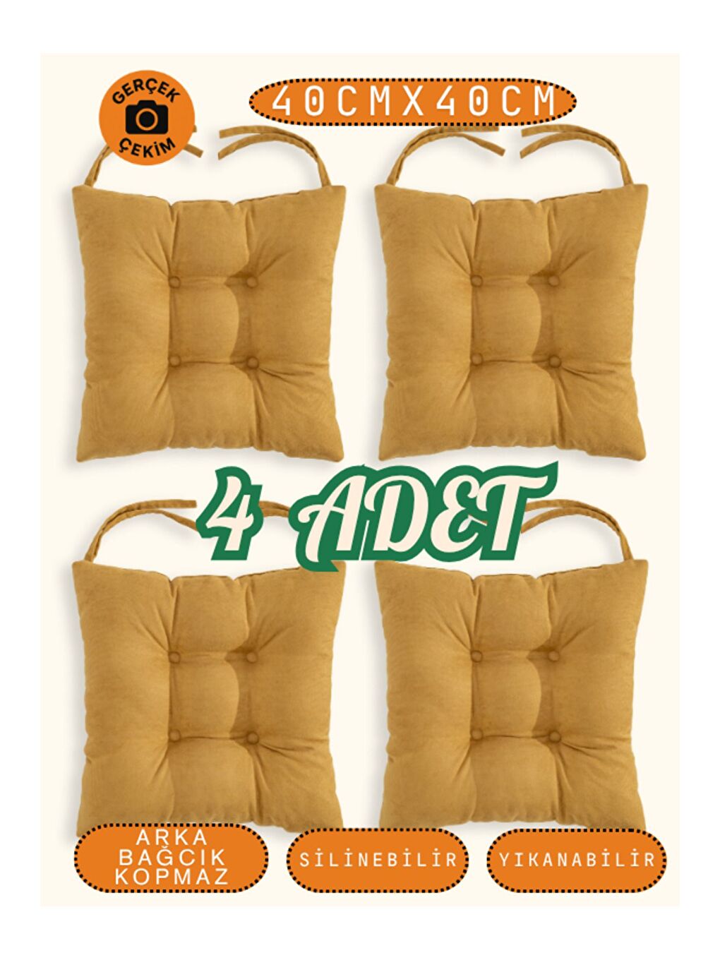 Sarı 4’lü Pastello Sandalye Minderi – Hardal – Bağcıklı, Slikon Dolgulu, Yıkanabilir – 40x40