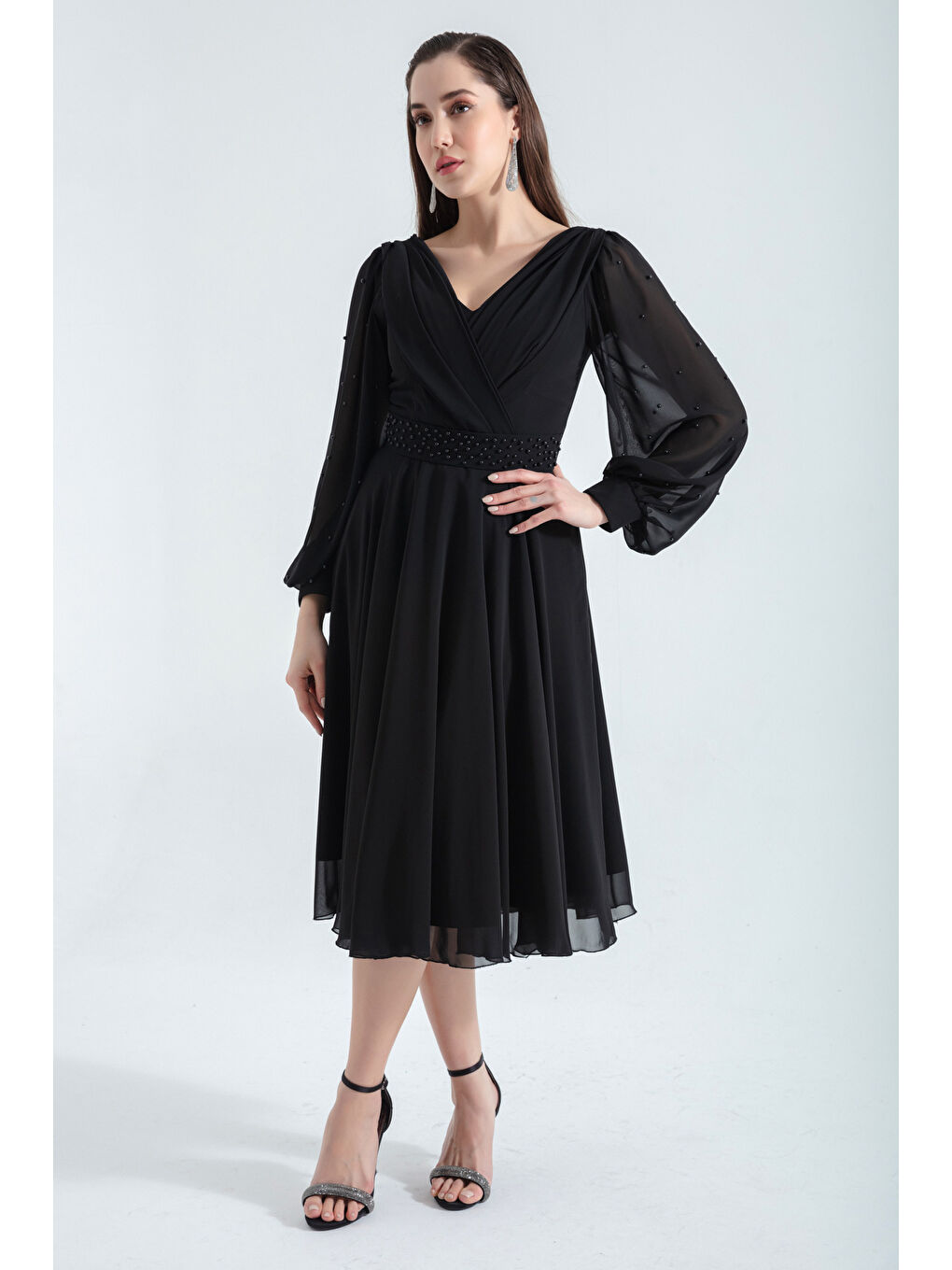 Kadın Siyah V Yaka İncili Midi Abiye Elbise-2