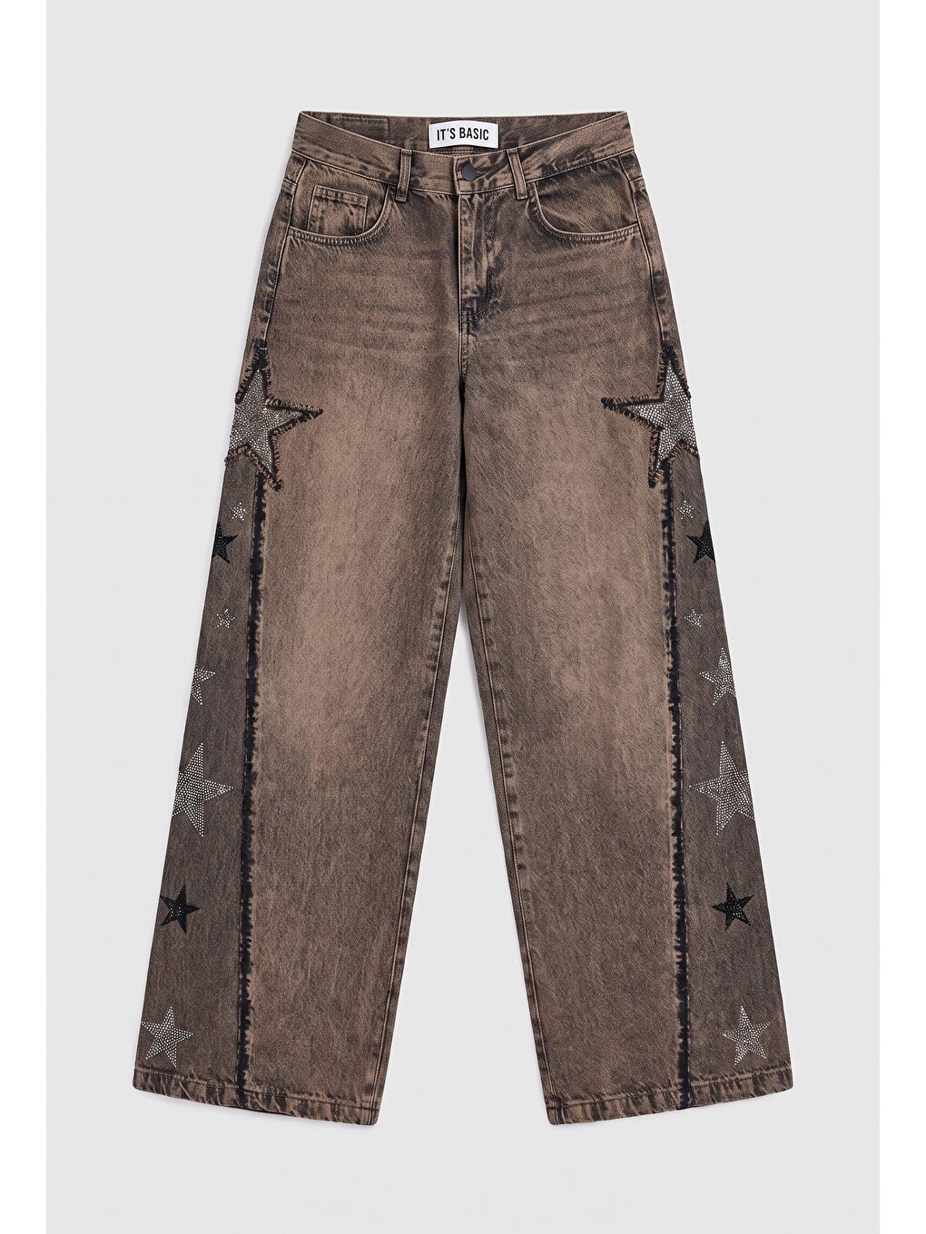 Kahverengi Kadın Kahve Jean Rengi T-4w6-88 Palazzo Fit Özel Taş Tasarım Denim Jean