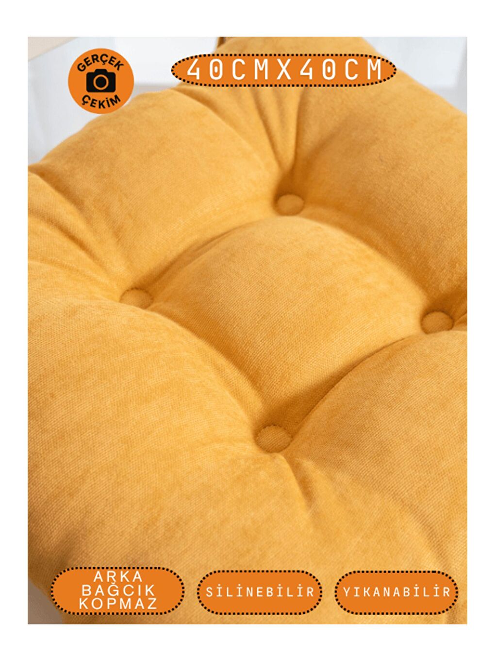 Sarı 4’lü Pastello Sandalye Minderi – Hardal – Bağcıklı, Slikon Dolgulu, Yıkanabilir – 40x40-2