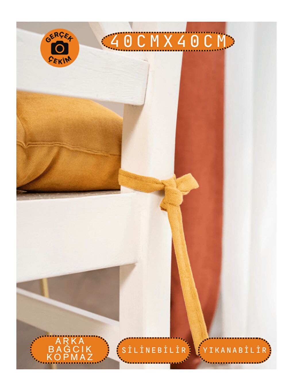 Sarı 4’lü Pastello Sandalye Minderi – Hardal – Bağcıklı, Slikon Dolgulu, Yıkanabilir – 40x40-3