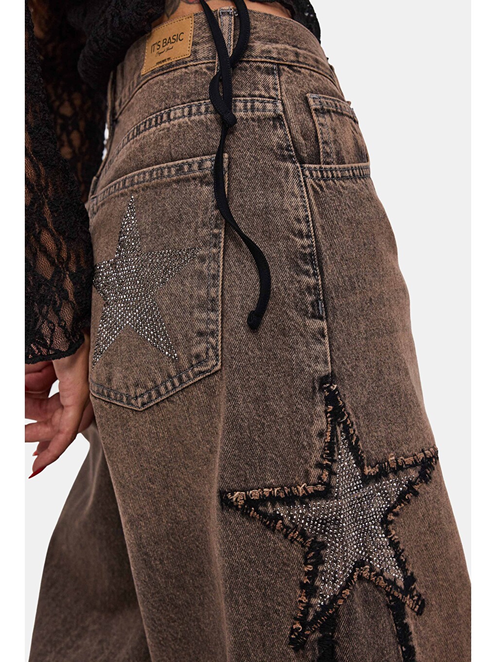 Kahverengi Kadın Kahve Jean Rengi T-4w6-88 Palazzo Fit Özel Taş Tasarım Denim Jean-2