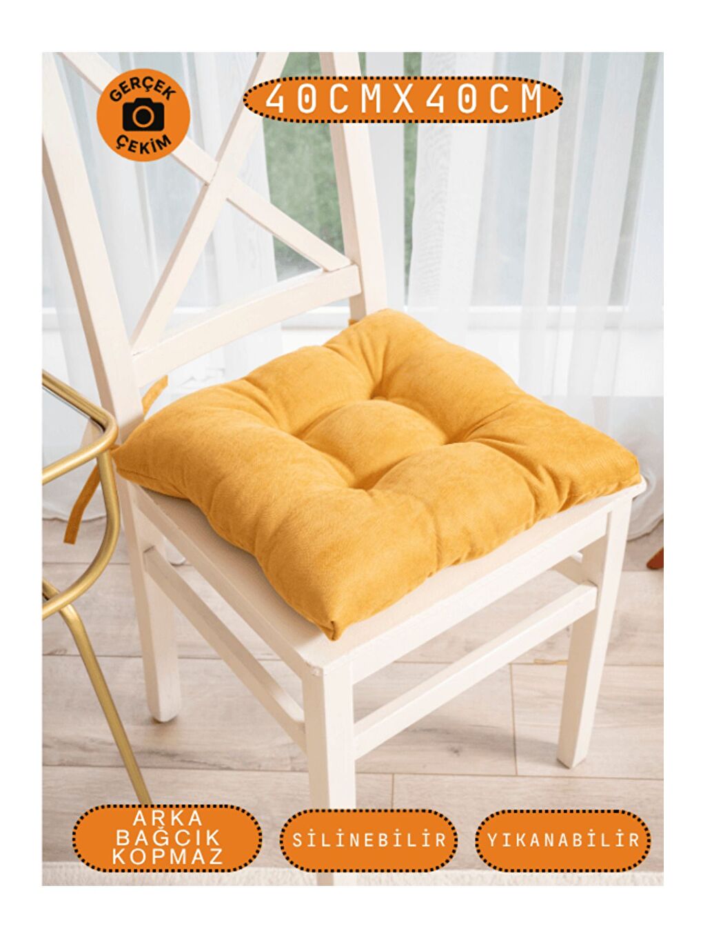 Sarı 4’lü Pastello Sandalye Minderi – Hardal – Bağcıklı, Slikon Dolgulu, Yıkanabilir – 40x40-7