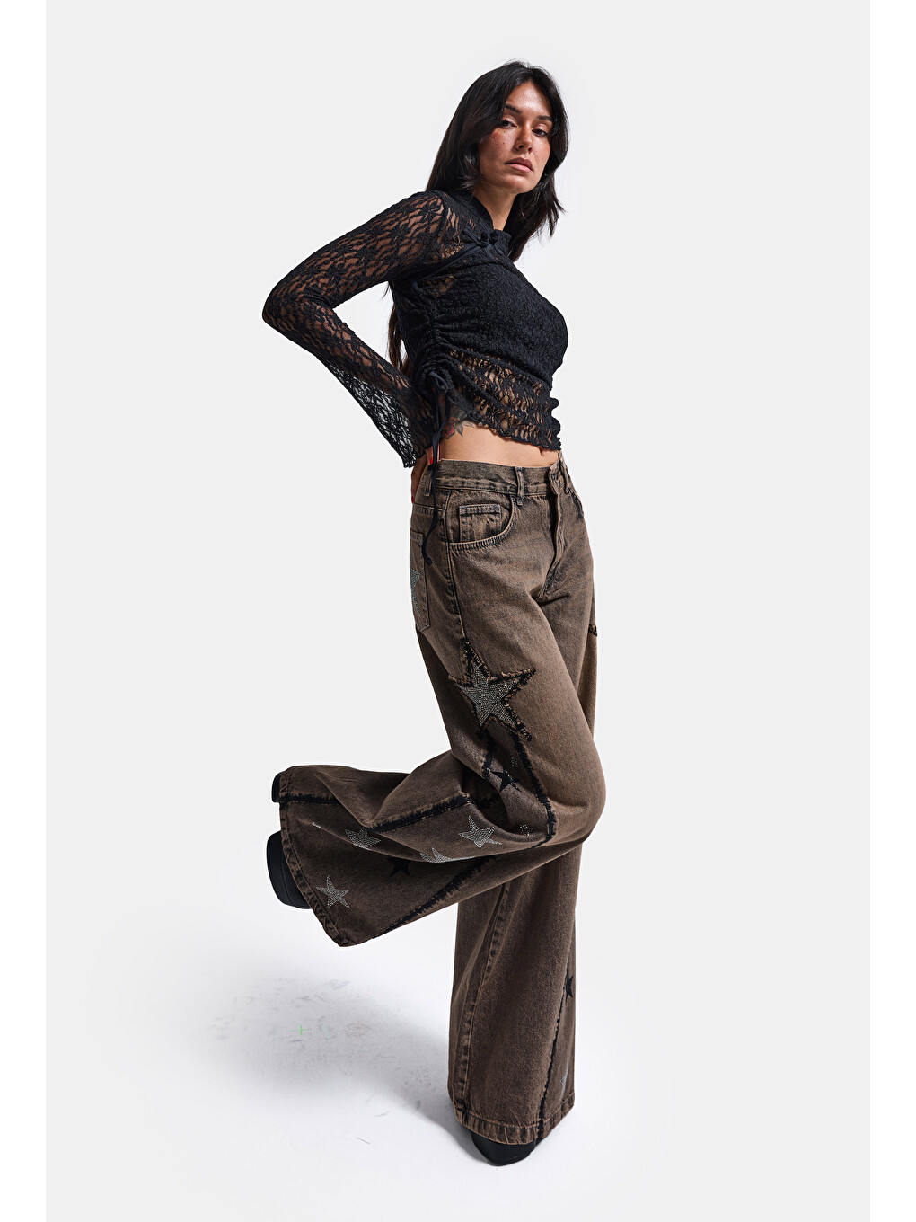 Kahverengi Kadın Kahve Jean Rengi T-4w6-88 Palazzo Fit Özel Taş Tasarım Denim Jean-3