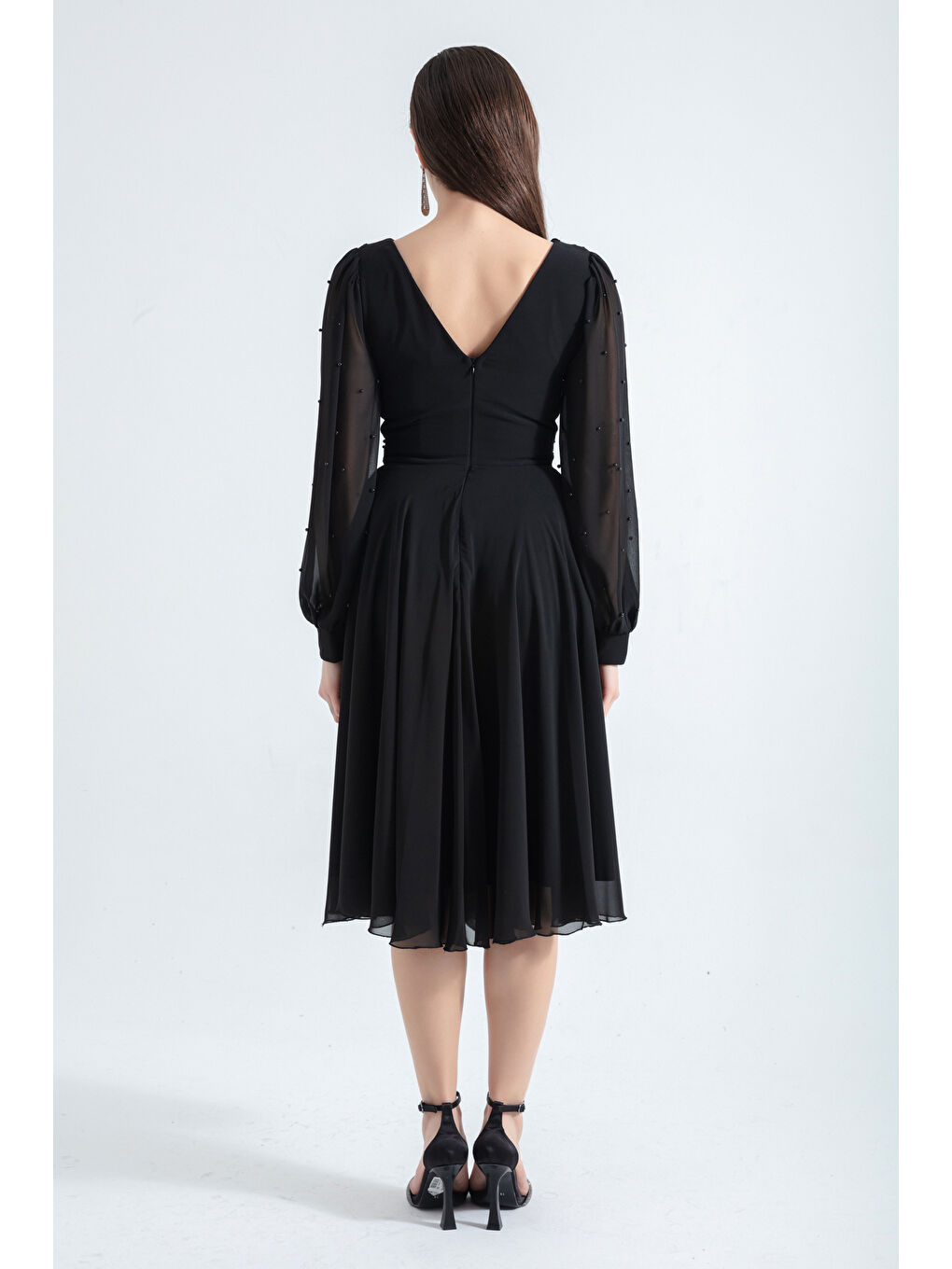 Kadın Siyah V Yaka İncili Midi Abiye Elbise-4