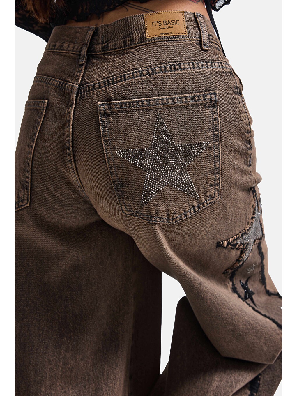 Kahverengi Kadın Kahve Jean Rengi T-4w6-88 Palazzo Fit Özel Taş Tasarım Denim Jean-4