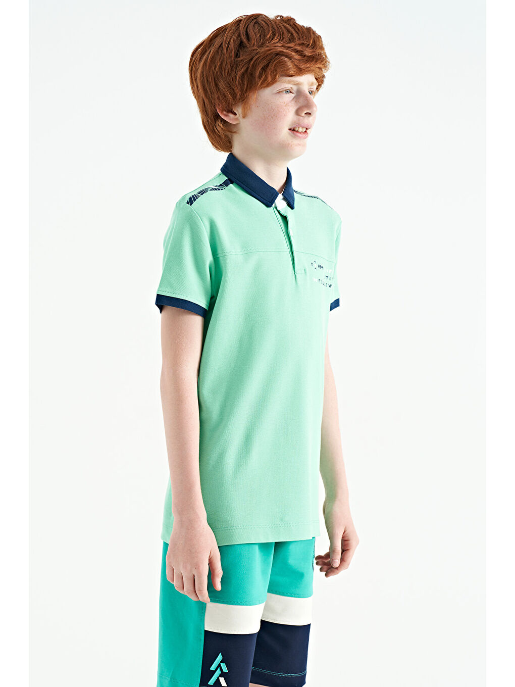 Turkuaz Su Yeşili Baskı Detaylı Standart Kalıp Polo Yaka Erkek Çocuk Tişört - 11140-8