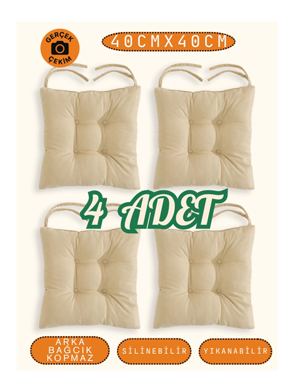 4’lü Pastello Sandalye Minderi – Bej – Bağcıklı, Slikon Dolgulu, Yıkanabilir – 40x40