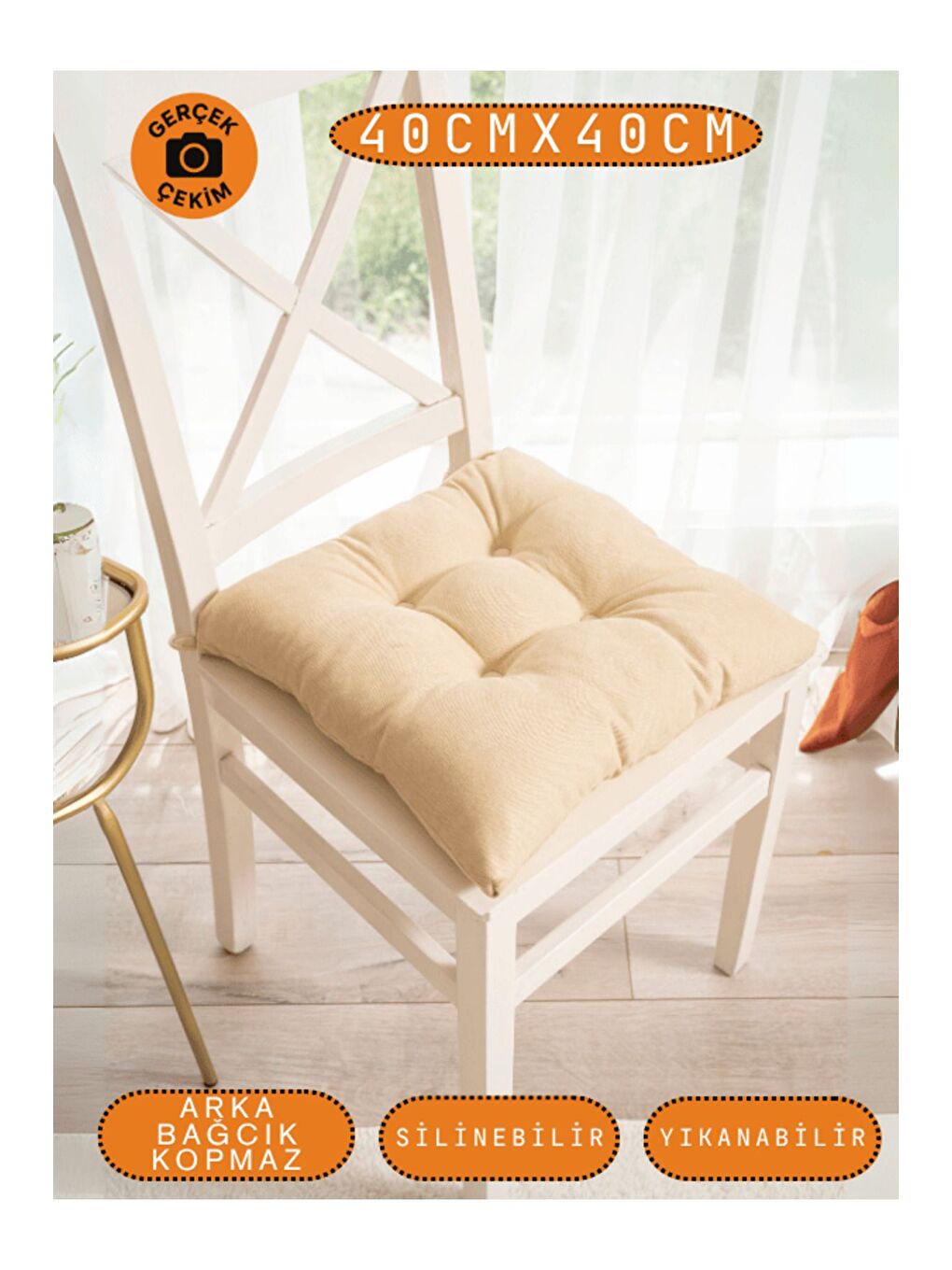 4’lü Pastello Sandalye Minderi – Bej – Bağcıklı, Slikon Dolgulu, Yıkanabilir – 40x40-3