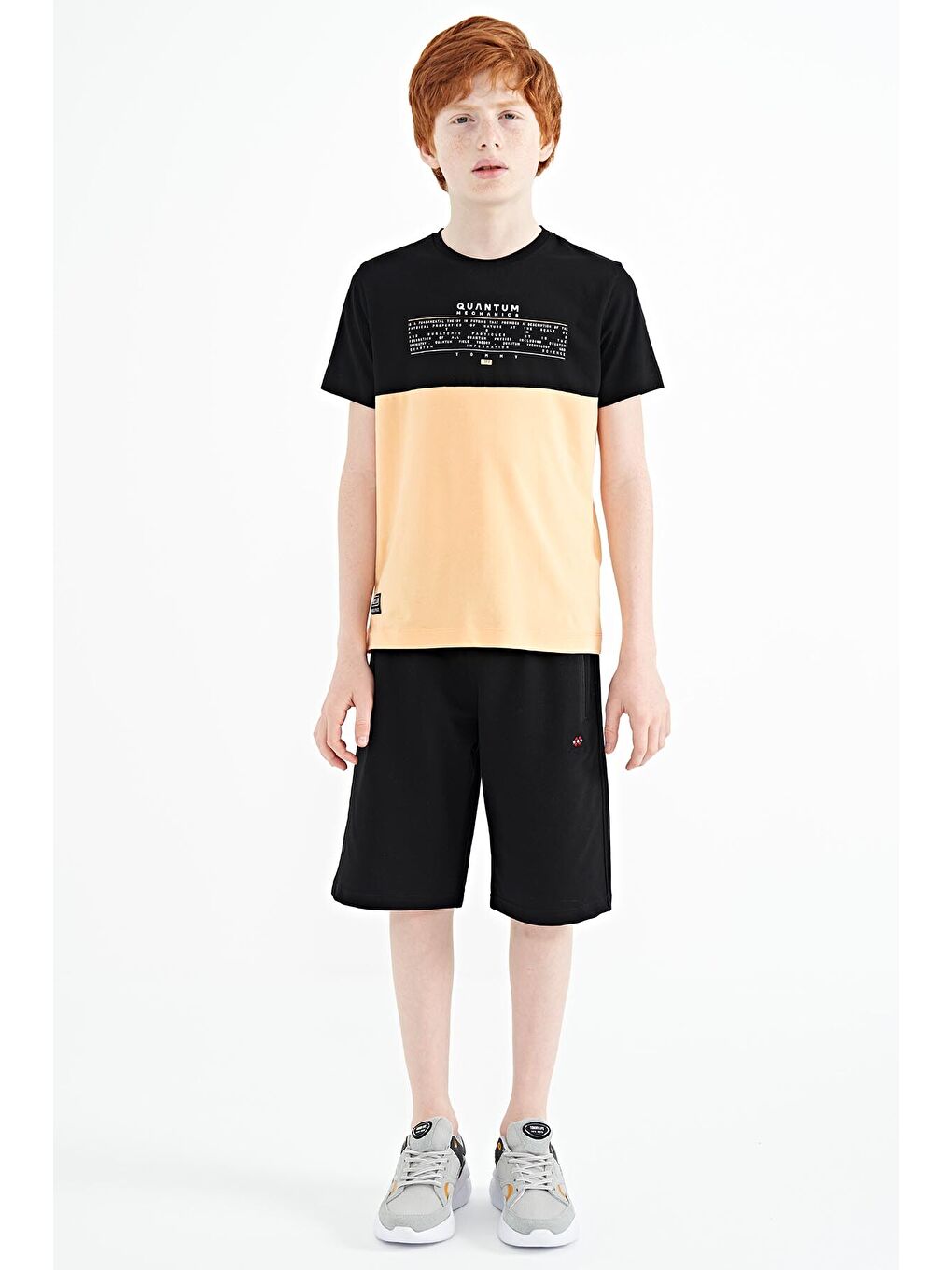 Turuncu Kavun Içi Yazı Baskılı Renk Bloklu Standart Kalıp O Yaka Erkek Çocuk Tişört - 11134