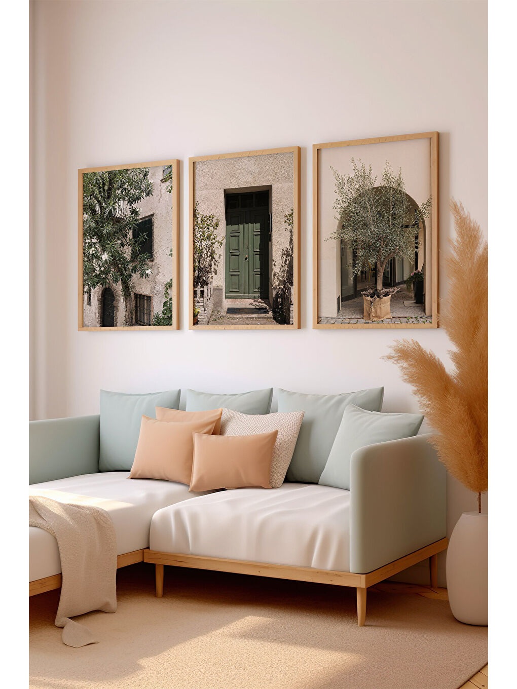 Beyaz 3 Parça Ham Renk Gerçek Ahşap Çerçeveli Tablo Seti - Model 18 - 20 x 30