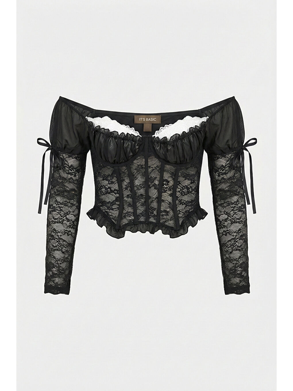Kadın Siyah Balenli Omuz Detaylı Dantelli Beyaz Pedli Özel Tasarım Büstiyer