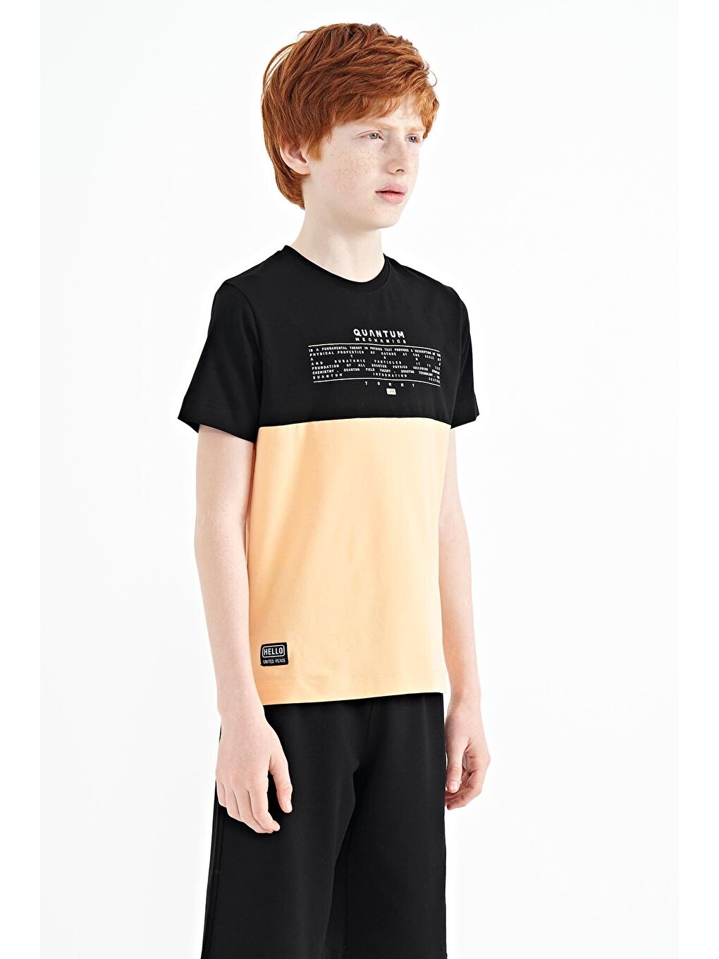 Turuncu Kavun Içi Yazı Baskılı Renk Bloklu Standart Kalıp O Yaka Erkek Çocuk Tişört - 11134-3