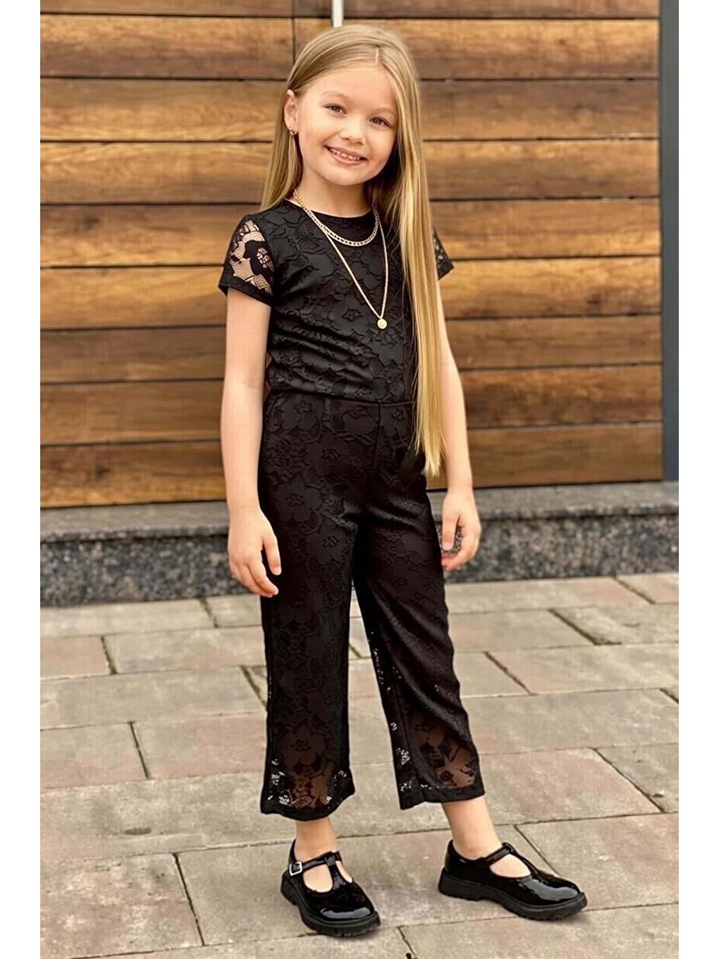 Kız Çocuk Boydan Üzeri Dantel İşlemeli Şeffaf Tül İçi Astarlı Siyah Tulum-1