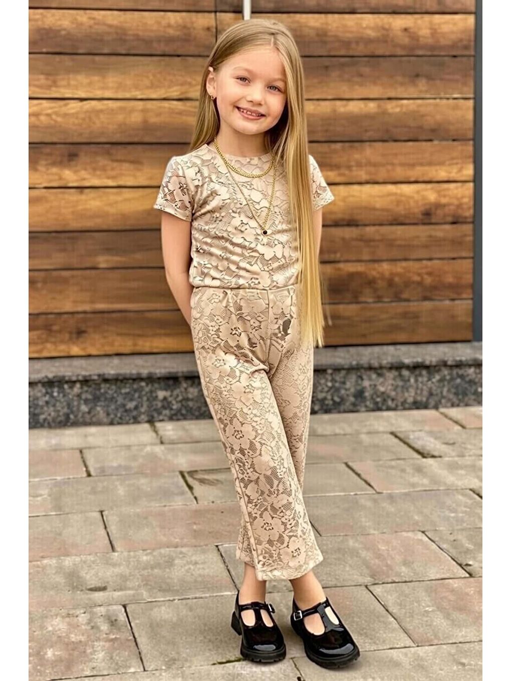 Kız Çocuk Boydan Üzeri Dantel İşlemeli Şeffaf Tül İçi Astarlı Bej Tulum-1