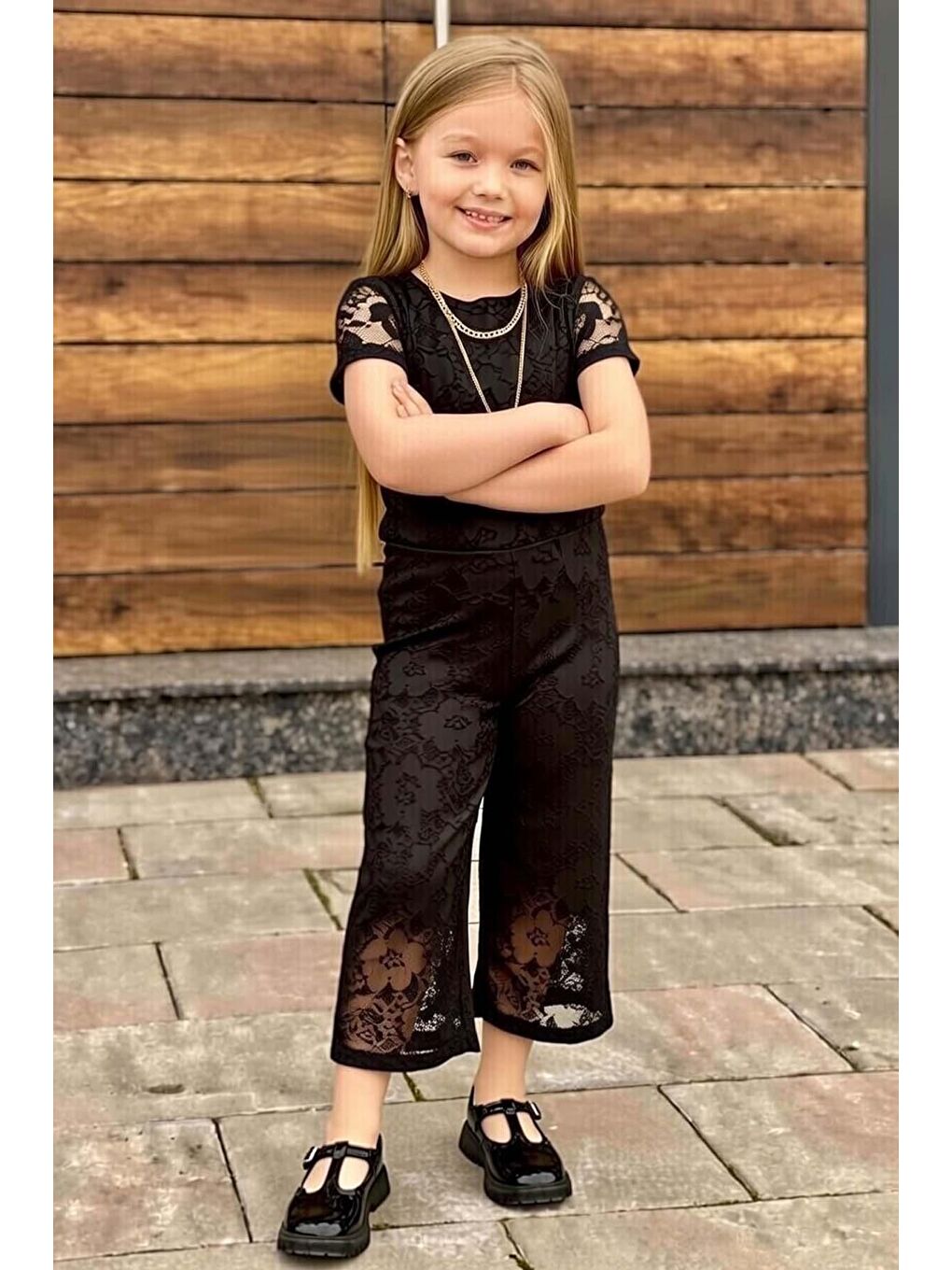 Kız Çocuk Boydan Üzeri Dantel İşlemeli Şeffaf Tül İçi Astarlı Siyah Tulum-2