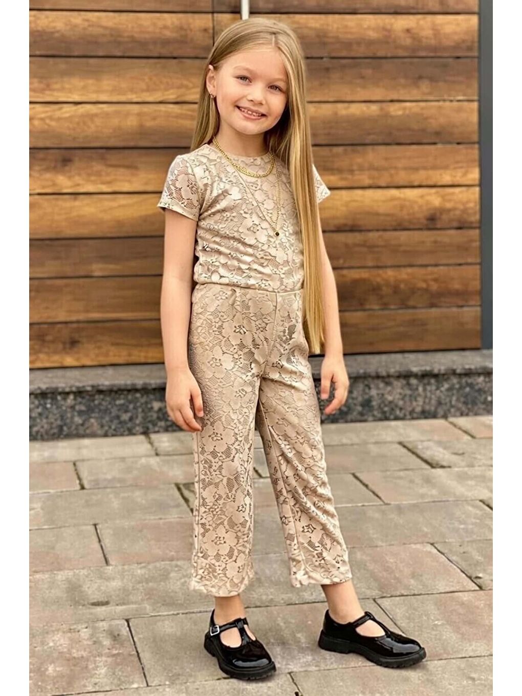Kız Çocuk Boydan Üzeri Dantel İşlemeli Şeffaf Tül İçi Astarlı Bej Tulum-2