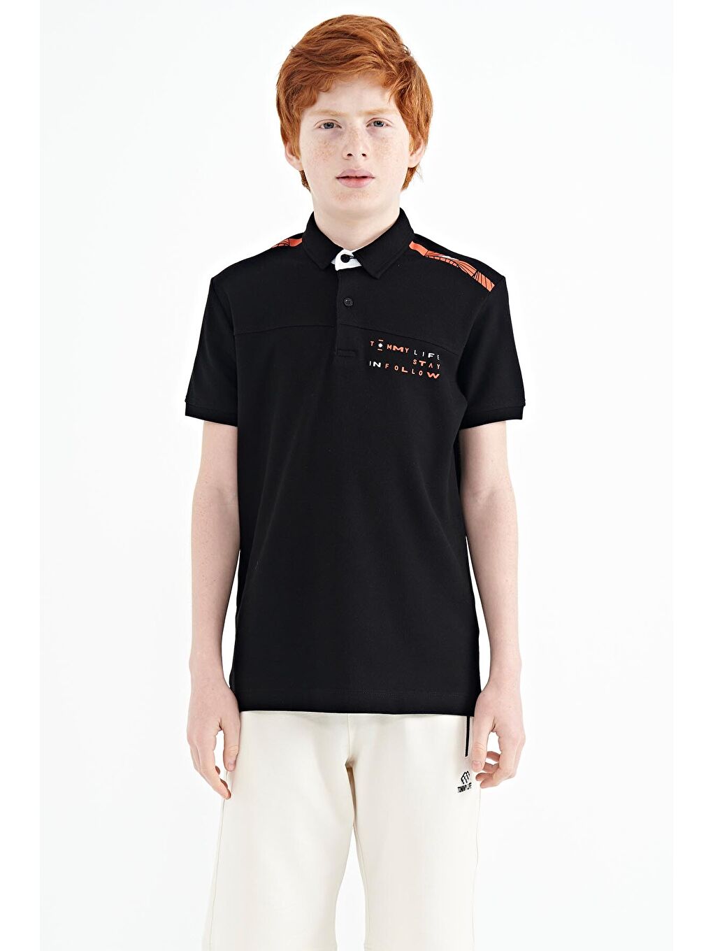 Siyah Baskı Detaylı Standart Kalıp Polo Yaka Erkek Çocuk Tişört - 11140