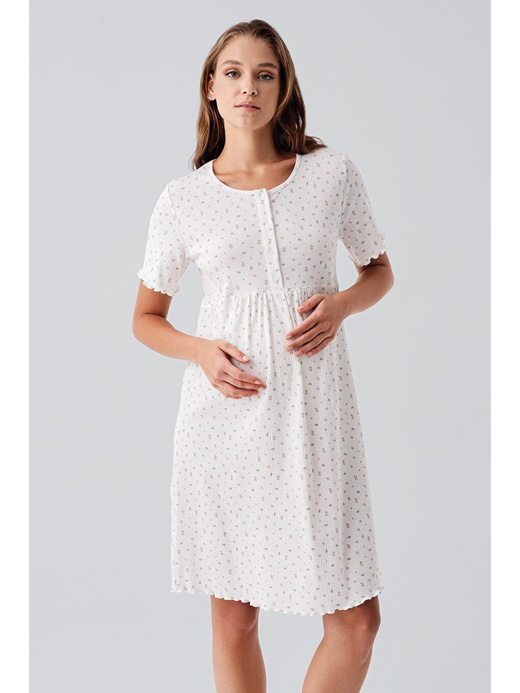 Renksiz Kısa Kollu Düğmeli Çiçek Desenli Esnek Pamuklu Hamile Gecelik 19106-4