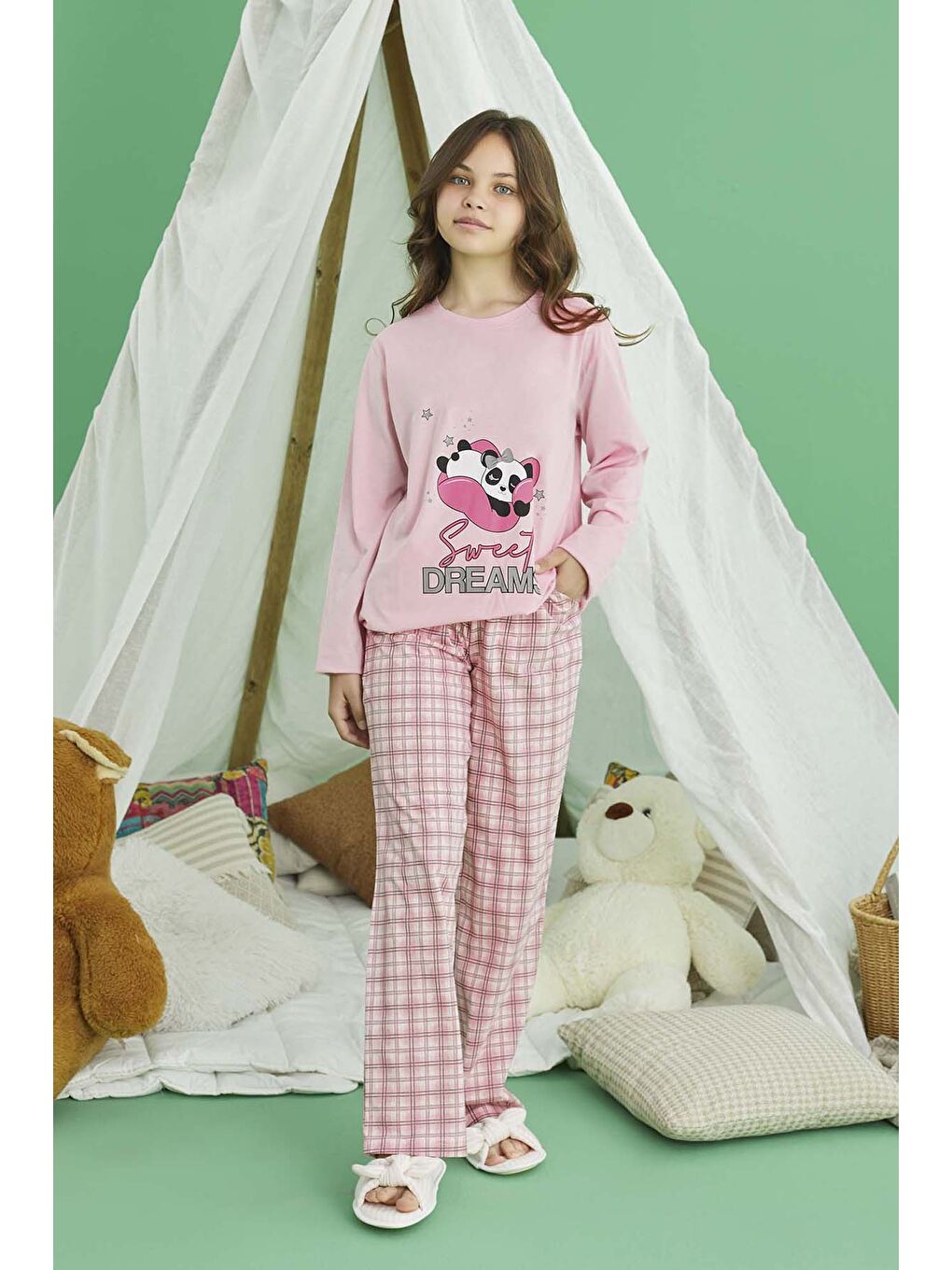 Pembe Genç Kız Pamuklu Pijama Takımı 240770 Pudra01-1