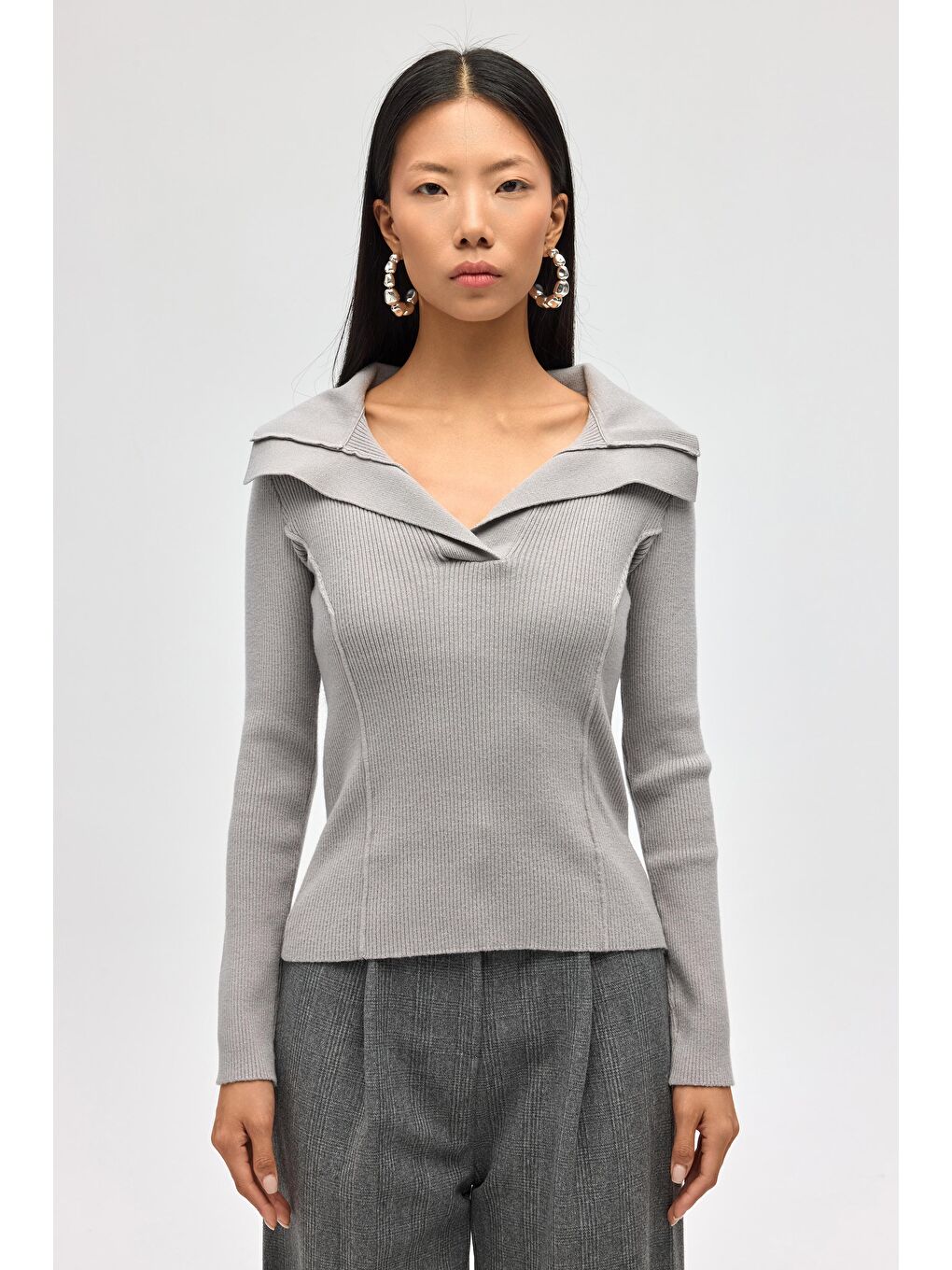 İnari Polo Yaka Gri Triko Kazak-1