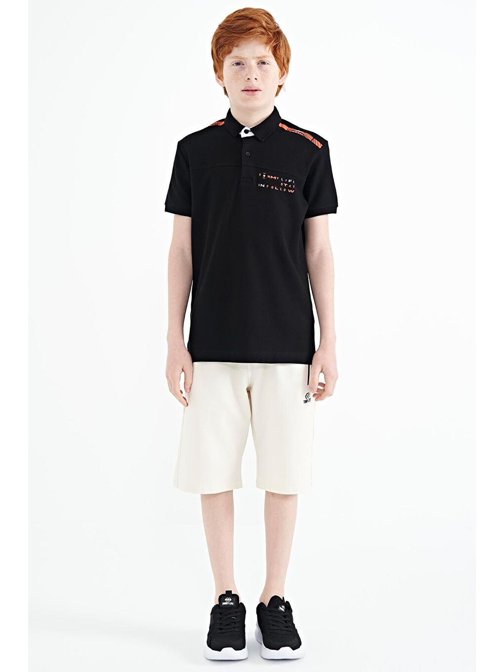 Siyah Baskı Detaylı Standart Kalıp Polo Yaka Erkek Çocuk Tişört - 11140-1