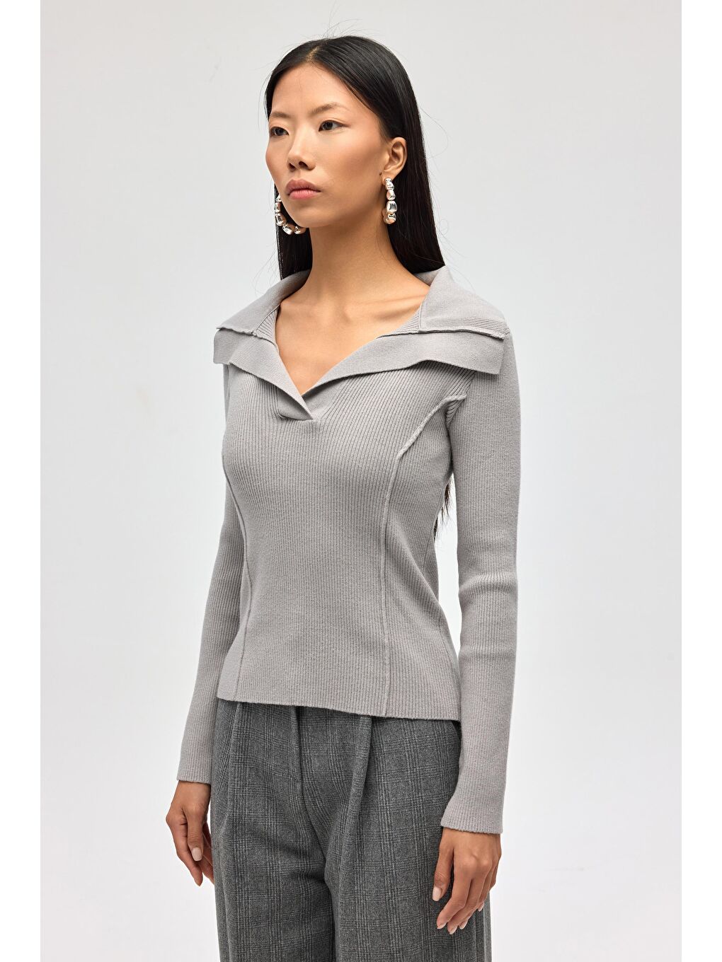 İnari Polo Yaka Gri Triko Kazak-2