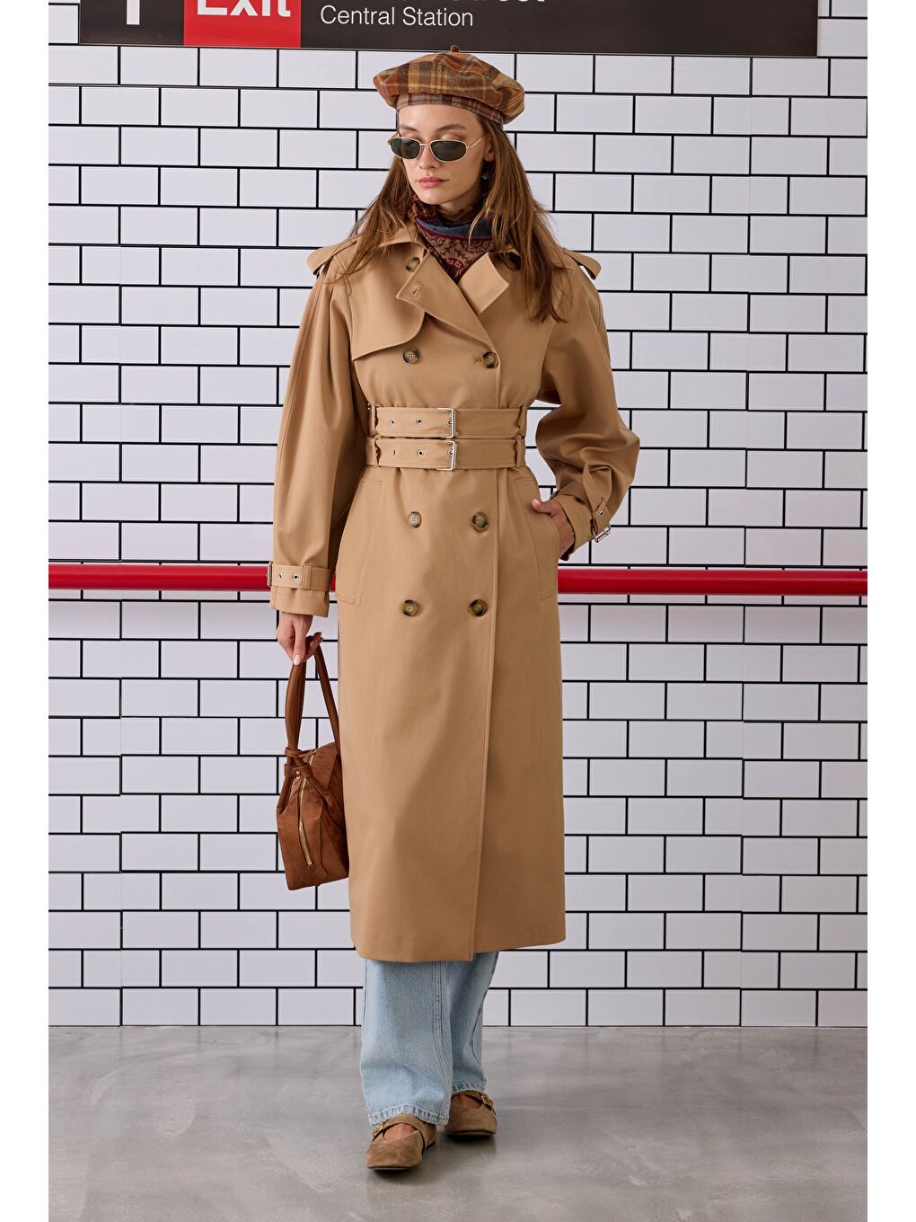 Kahverengi Çift Kemerli Trençkot Camel-3