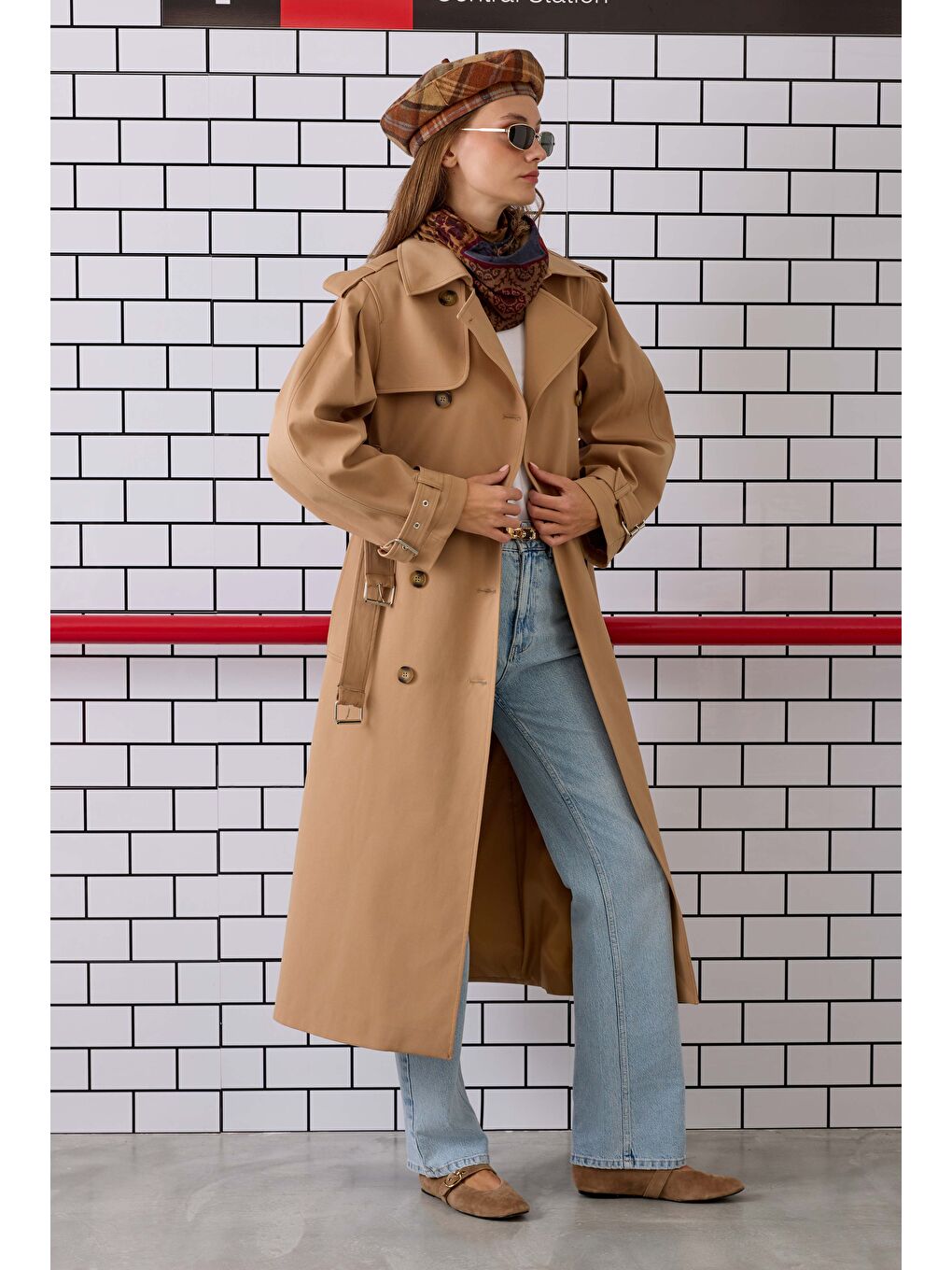 Kahverengi Çift Kemerli Trençkot Camel-4