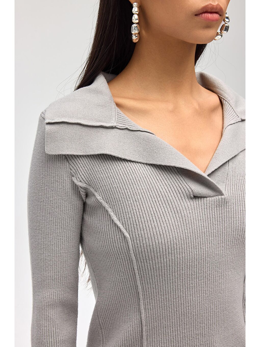 İnari Polo Yaka Gri Triko Kazak-6