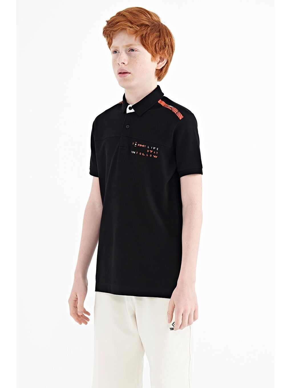 Siyah Baskı Detaylı Standart Kalıp Polo Yaka Erkek Çocuk Tişört - 11140-3